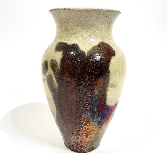 Raku Pottery Vase Artist Singed Art Pottery 6.5" tall Cream / Copper Glaze - Picture 1 of 8